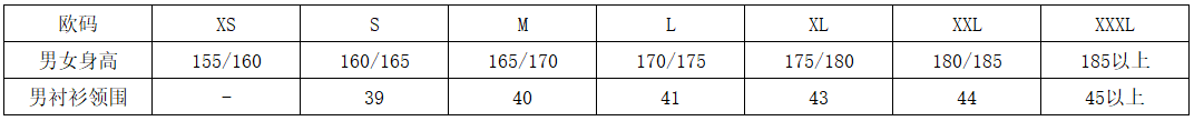 欧码服装换算参照表