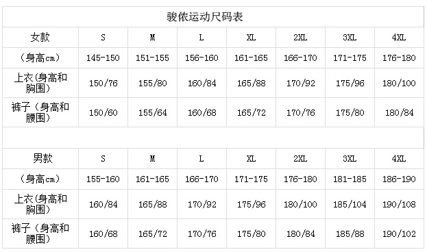 运动服尺码对照表是怎样的？