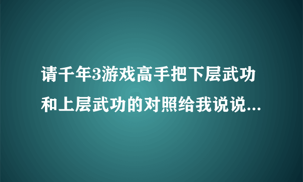 请千年3游戏高手把下层武功和上层武功的对照给我说说，比如要练下层无击正才可以练上层帝王槌法，谢谢了