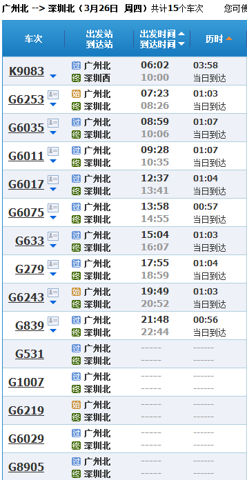 广州北站至深圳北站时刻表？