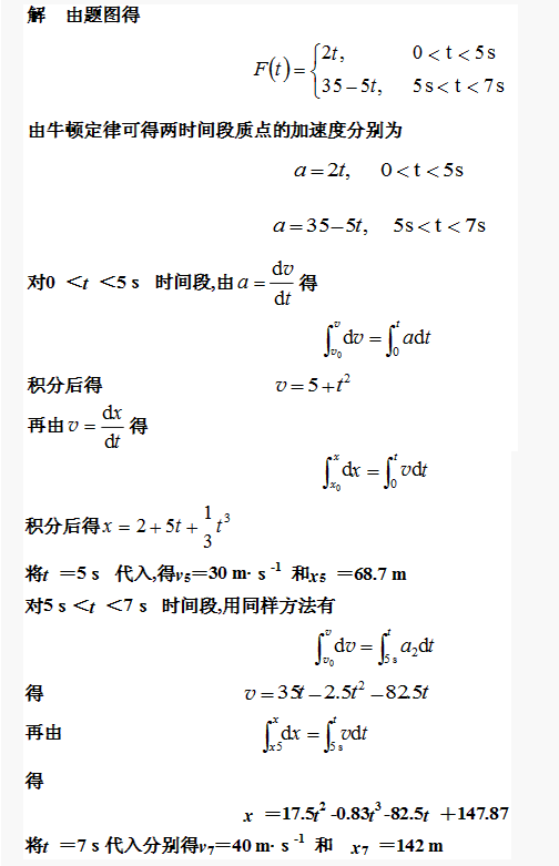 一质点沿X轴运动,如图,t=0时,V0=5 m/s,x0=2m,质点质量m=1kg.试求7s末的坐