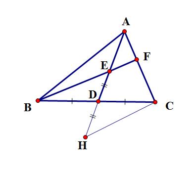 已知在三角形abc中,ad是bc边上的中线，E是AD上一点，且BE=AC，延长BE交AC于F，求