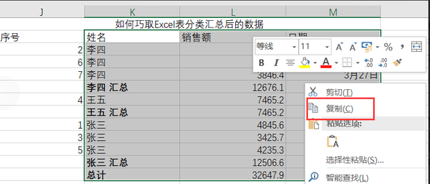 如何将EXCEL表中分类汇总后的数据单独提取出来？