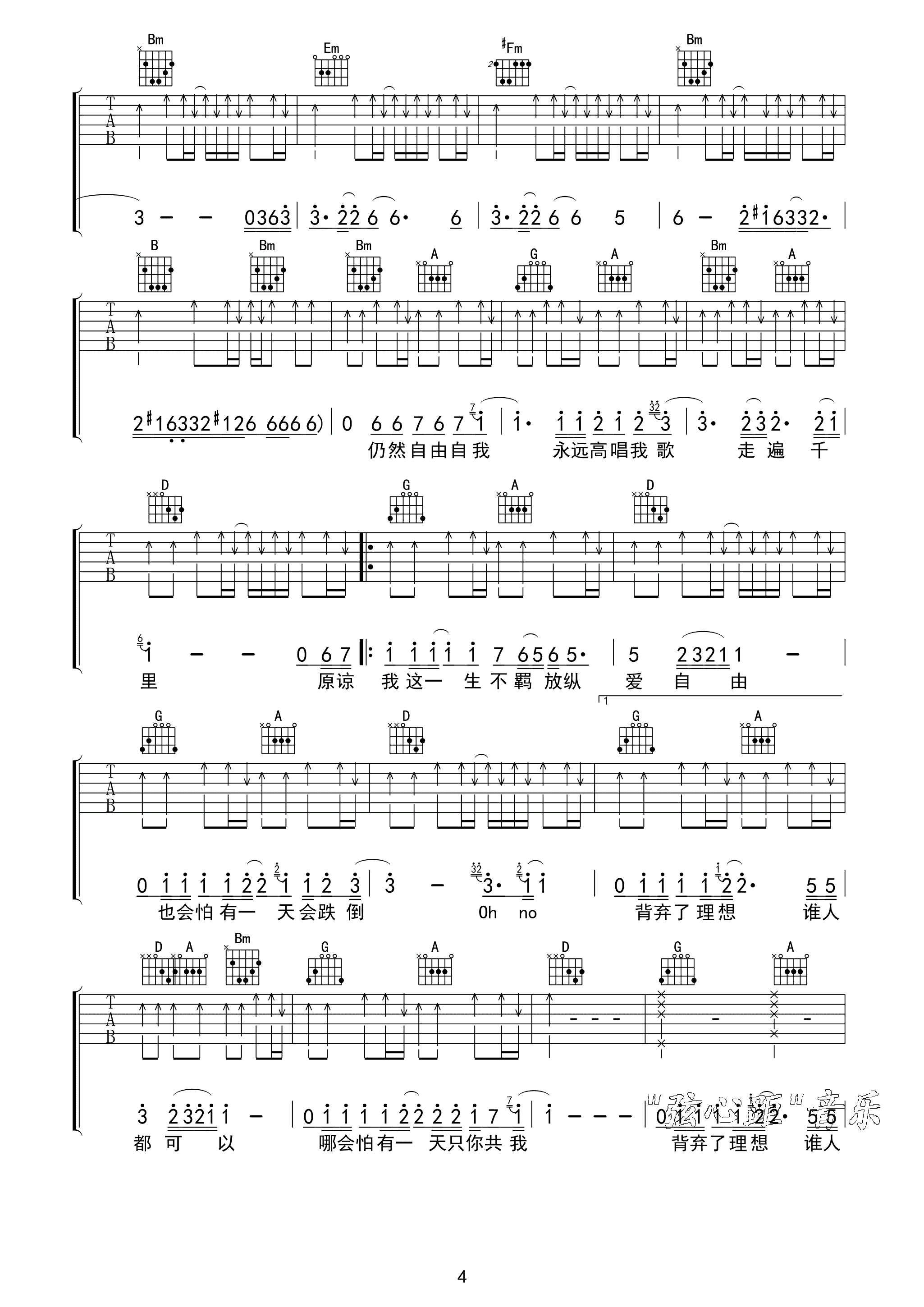 求黄家驹海阔天空D调 吉他谱,全扫弦版的。