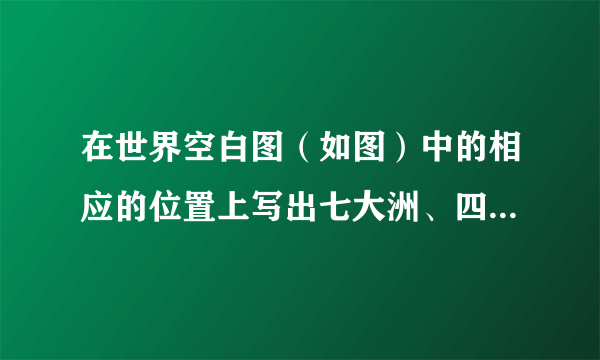 在世界空白图（如图）中的相应的位置上写出七大洲、四大洋的名称